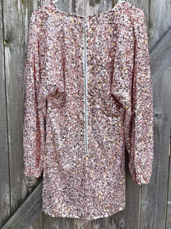 EUC Free People Dance All Night Sequined V Neck Puff Slv. Dress Rose Gold Small - Image 10