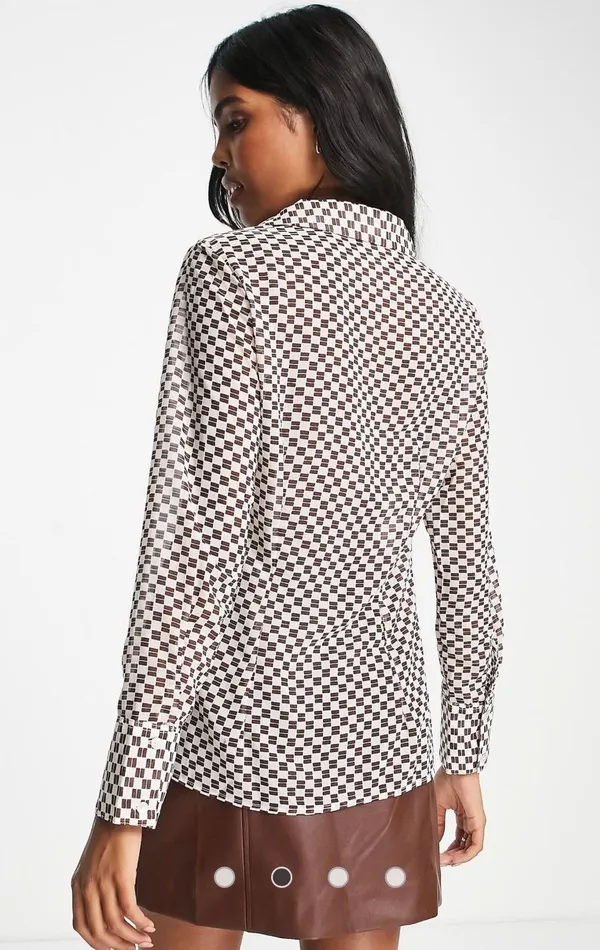 Abercrombie Sheer Mesh Brown Checkered Blouse Long Sleeve Button Up Top - Image 3
