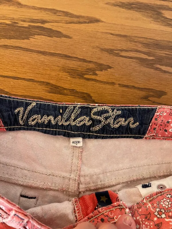 Vanilla Star Coral Red Bandana Print Denim Shorts with Lace Trim - Image 3