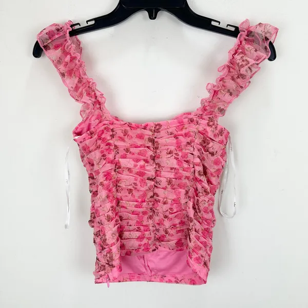 Lulus Flirtatious Sweetness Hot Pink Floral Ruched Ruffled Tank Top Small NWT - Image 9