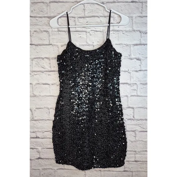 Vtg Hollywood Nites Sequin Dress Sz 8 Homecoming Black Cocktail Cami Mini 90s - Image 2