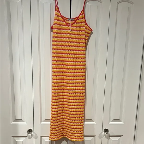 Zara | Striped Jacquard Crochet‎ Knit Midi Dress medium - Image 2