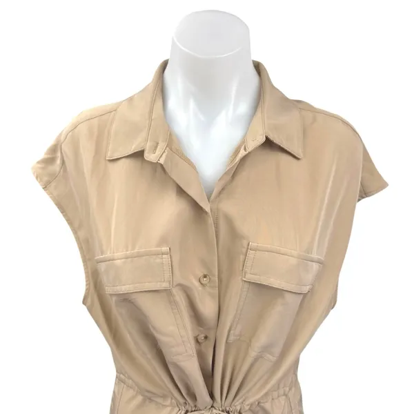 Old Navy Tan Beige Sleeveless Collar Button Down Drawstring Midi Shirt Dress M - Image 2