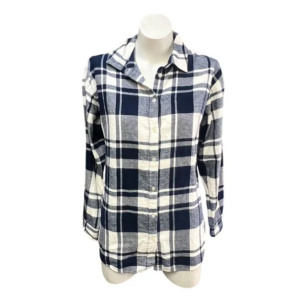LOFT Women's Plaid Flannel Tunic Shirt Navy Blue & White Size M - Image 2