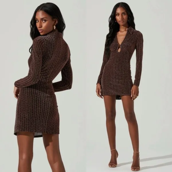 ASTR Nia Metallic Houndstooth Mini Dress XS Copper Black Vneck Jersey Stretch - Image 4