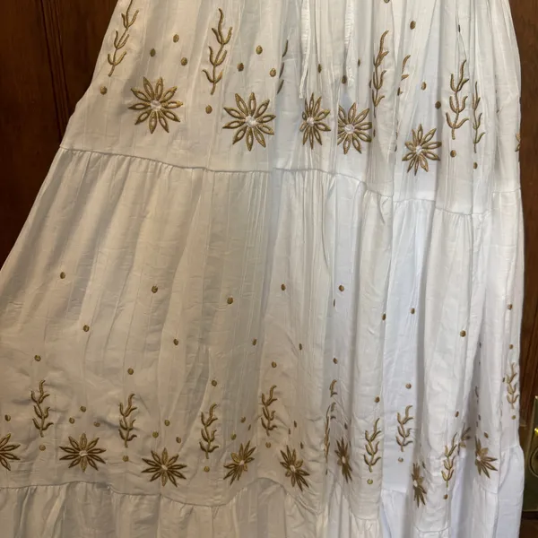 NWT Embroidered Smocked Tiered Boho Halter Maxi Dress L Real Love Fairycore Gold - Image 3