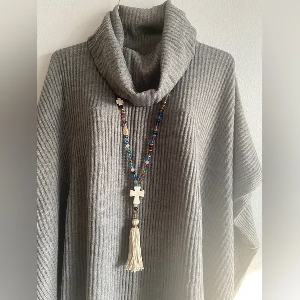 1Pc Boho Sweater Necklace Colorful‎ Beaded Cream Tassel Cross Charm Fashion - Image 6