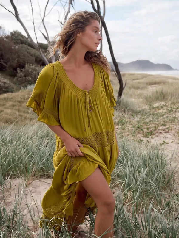 Free People Bohemian Witchy Dream On Maxi Dress Green XS NEW Crochet Gauze - Image 7