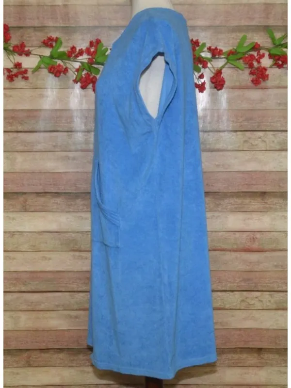 Erika Taylor Relax Blue Terry Cloth Zip Front Short Sleeve Robe Lounger Size L - Image 4