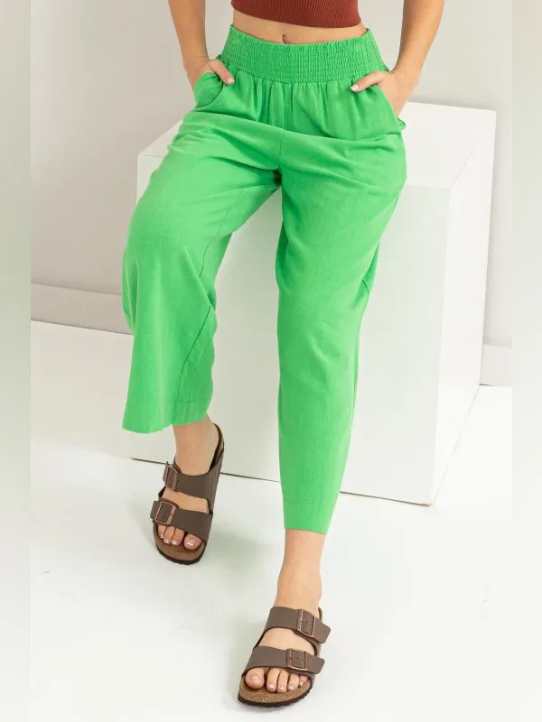 HYFVE Linen Blend Wide Leg Pants High Rise Smocked Waist Kelly Green M - Image 3
