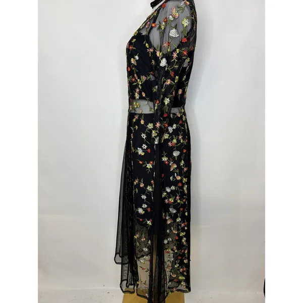 Lucy Paris Black Floral Embroidered Mesh Dress Sheer Overlay Romantic Size S - Image 5