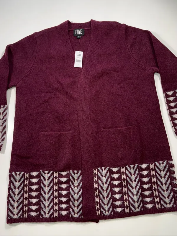 Frye Burgundy Open-Front Cardigan with Cream Geometric Trim Size XL - Image 2