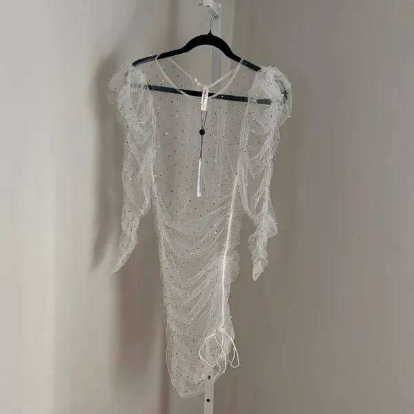 FOR LOVE & LEMONS White Puff Sleeve Sheer Tulle Dress Rhinestone Pearls Sz Med - Image 5