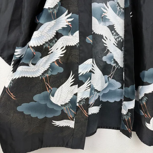 Marukyo Kimono Womens OS Black Crane Cloud Print Open Front Wide Sleeve Robe - Image 4