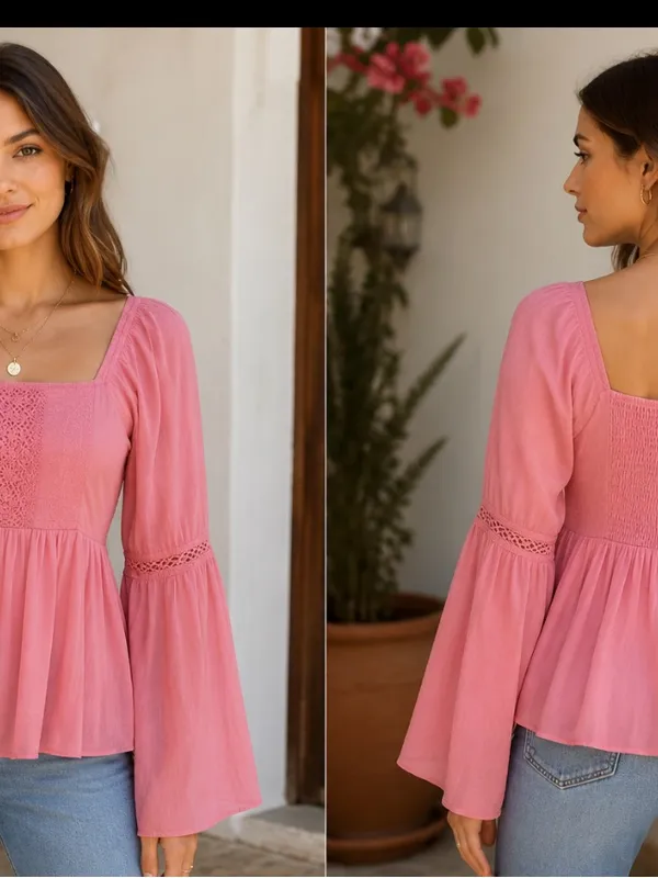 Red Camel Coral Square-Neck Peasant Blouse with Bell Sleeves - Image 2