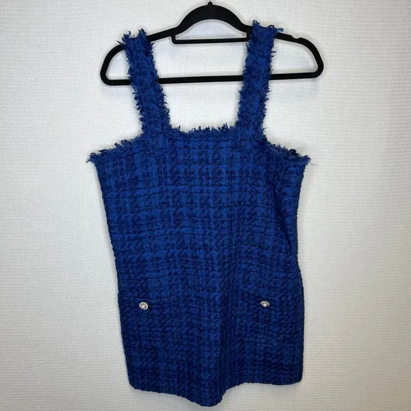 Zara Blue Tweed Mini Dress Pinafore‎ Frayed Trim Pearl Button Large L 8920/221 - Image 2