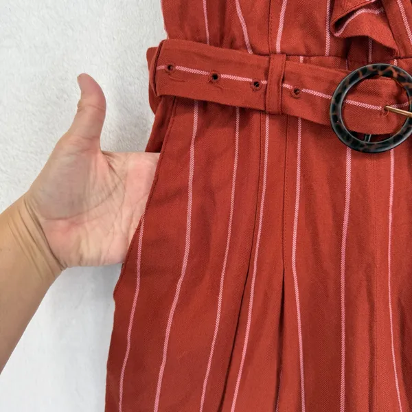 Womens Ruffle One Shoulder Wide Leg Striped Jumpsuit Rust Sz 0‎ XXXS - Image 9
