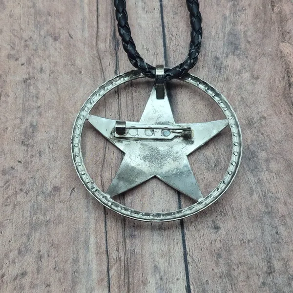 Western Texas Star Brooch Pin Pendant on a Black Faux Cord Collar Necklace 18" - Image 9