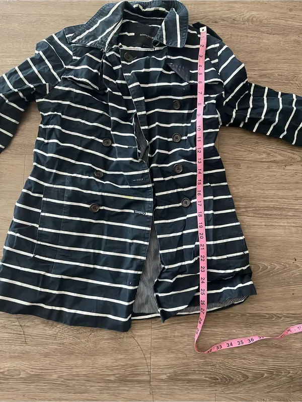 Banana Republic Double Breasted Cotton Trench Coat Womens MP Navy White Striped - Image 12