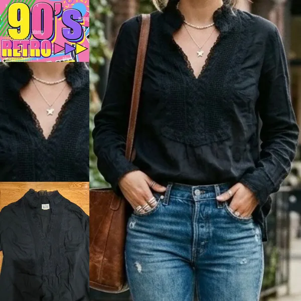 Vintage Converse One Star rare boho Lace front pipe Long sleeve, top/blouse S - Image 2
