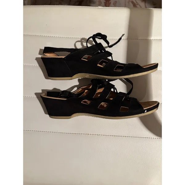 VITAL Black Suede Lace‎ Up Wedge Sandals Women's Size 38 US 7.5 Made in Austria - Image 5