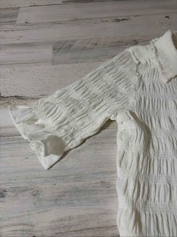 Anthropologie Maeve Cream Smocked Ruffle-Cuff Collared Top Size Large - Image 5