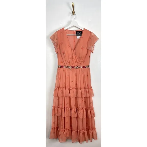 MAC DUGGAL Tiered Ruffle Chiffon Midi Dress in Apricot Size US 6 - Image 4