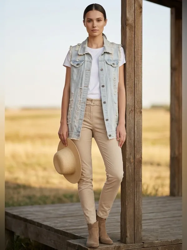 Distressed Denim Vest Womens Medium Long Length Western Cowgirl Rodeo Festival - Image 10