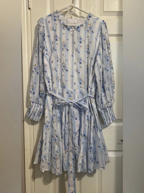 Sugarlips Light Blue Floral Long-Sleeve Tie-Waist Mini Dress - Image 2