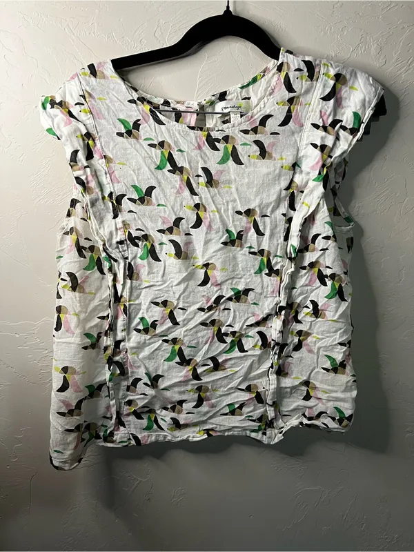 Porridge Anthropologie White Cotton Abstract Bird Print Ruffle Boho Top M - Image 2