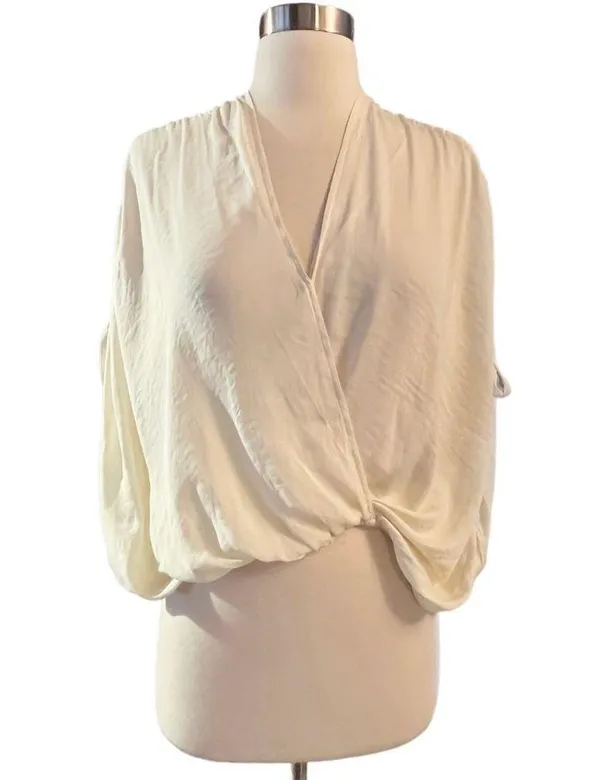 FREE PEOPLE Rachel Silky Top Ivory V-Neck Slinky Jersey Cropped Medium NWOT - Image 4