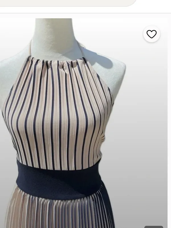 Zara Beige Pleated Halter Midi Dress with Navy Waistband - Image 3