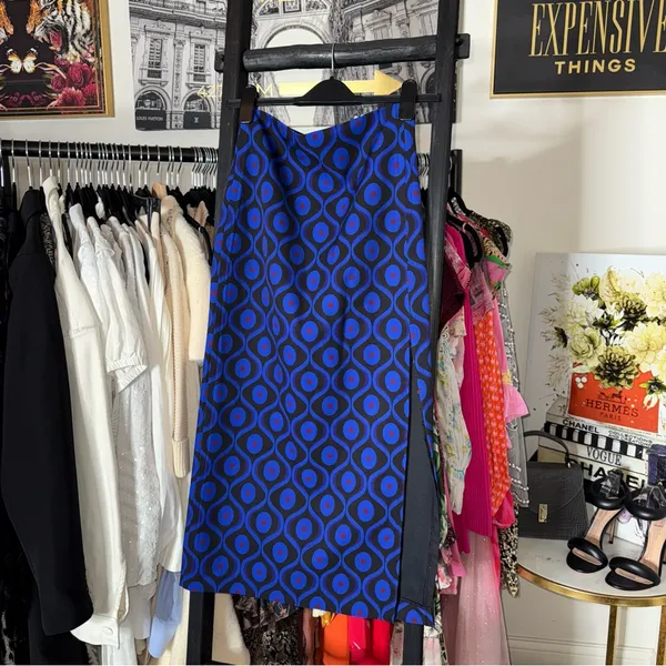 New Zara Blue Neoprene Geometric Print Midi Skirt XS - Image 4