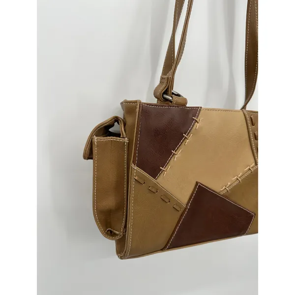 Y2K Vintage Small‎ Shoulder Purse Brown Patchwork Faux Leather Boho Artsy - Image 4