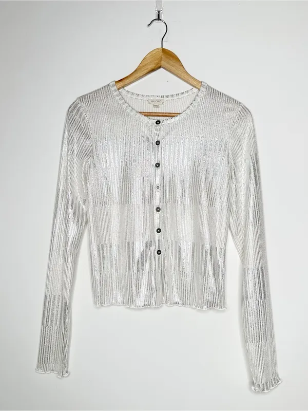 Pilcro Anthropologie Andie Silver Shimmer Ribbed Cardigan Sweater Size M - Image 2