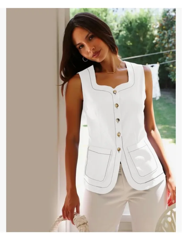 NEW Cream Square Neck Denim Vest Button Down Sleeveless Jean Waistcoat L - Image 2