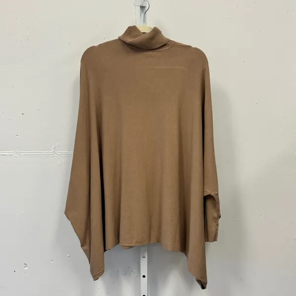 Alfani Turtleneck Batwing Sleeve Poncho Sweater Small Button Detail Tan Brown - Image 2