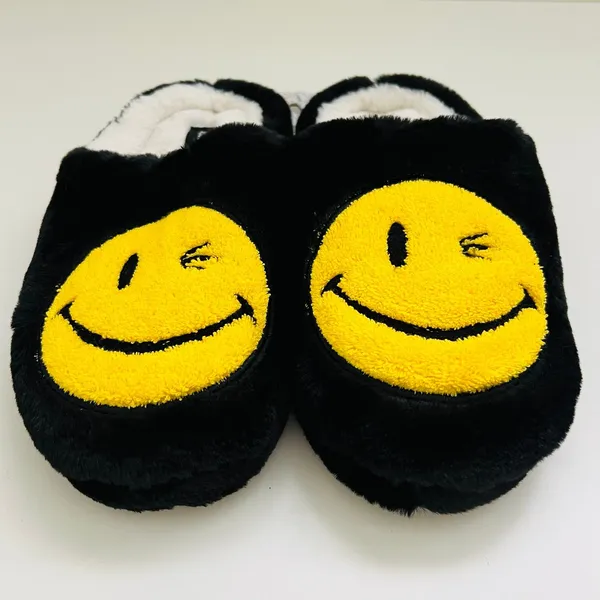 JOE BOXER Black Yellow Mr. Winkey Smiley Face Faux Fur SlipOn Slippers - M (7-8) - Image 2