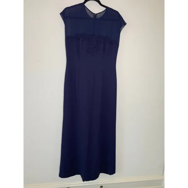 Donna Morgan Navy Blue Formal Maxi Dress Sz 10 Sheer Neckline - Image 5