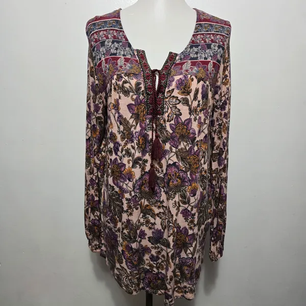 Hannah Blush Floral Tassel Tie Knit Blouse Size Large Bohemian Peasant - Image 2