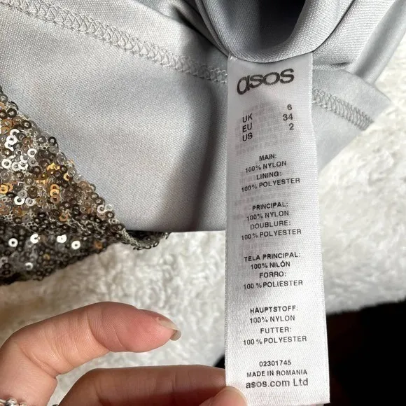 ASOS Silver Sequin Tank Dress XS Mini Prom Homecoming Dance Metallic V-Neck - Image 3