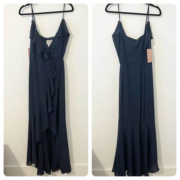 BHLDN Hailee Ruffle-Neck Wrap Georgette Gown Blue Navy Bridesmaids Size 10 NWT - Image 3