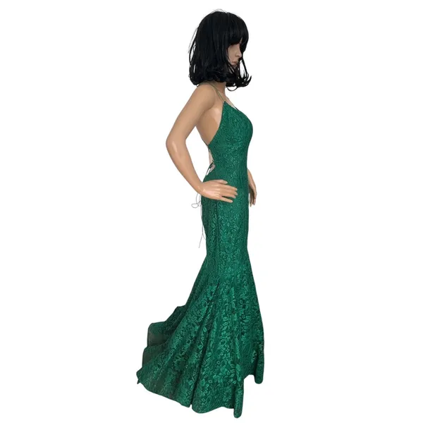 2010s Studio 17 12802 Emerald Beaded Lace Mermaid Prom Gown Open Back Size 8 - Image 8