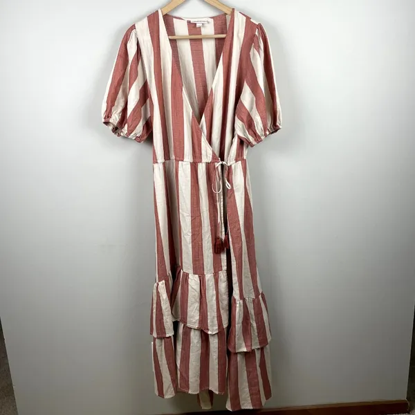 Knox Rose Wrap Dress L Maxi V-Neck Striped Cream‎ Brick Tiered Short Puff Sleeve - Image 4