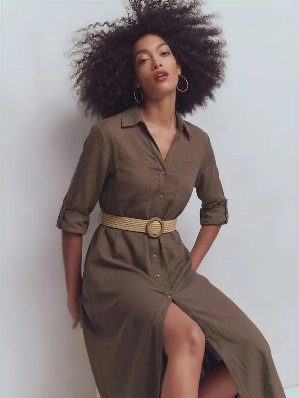 NWOT Love Tree Linen Blend Utility Shirt Dress Brown Midi Sz Medium Missing Belt - Image 3