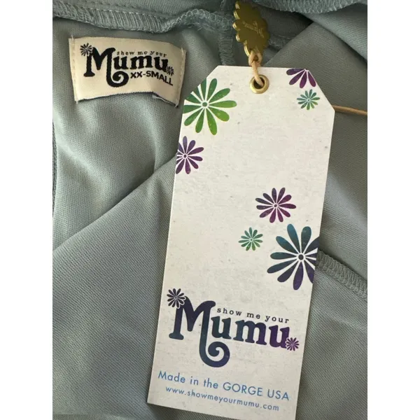 Show Me Your Mumu Jenn‎ Maxi Dress in Silver Sage Crisp Blue V Neck| XXS | NWT - Image 14