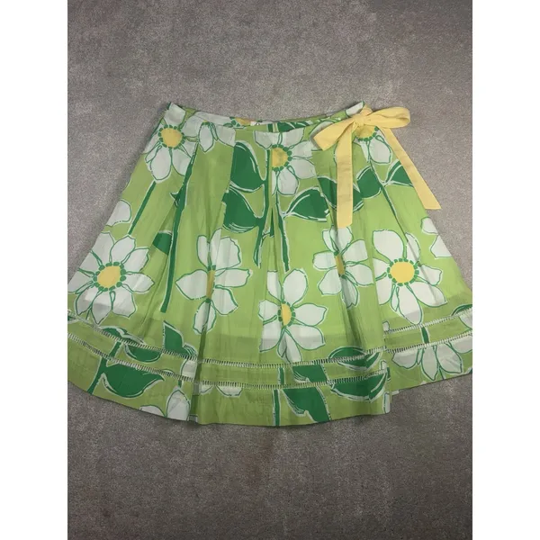 Lilly Pulitzer Pleated A-Line Skirt Green White Daisy Floral Yellow Bow 8 - Image 3
