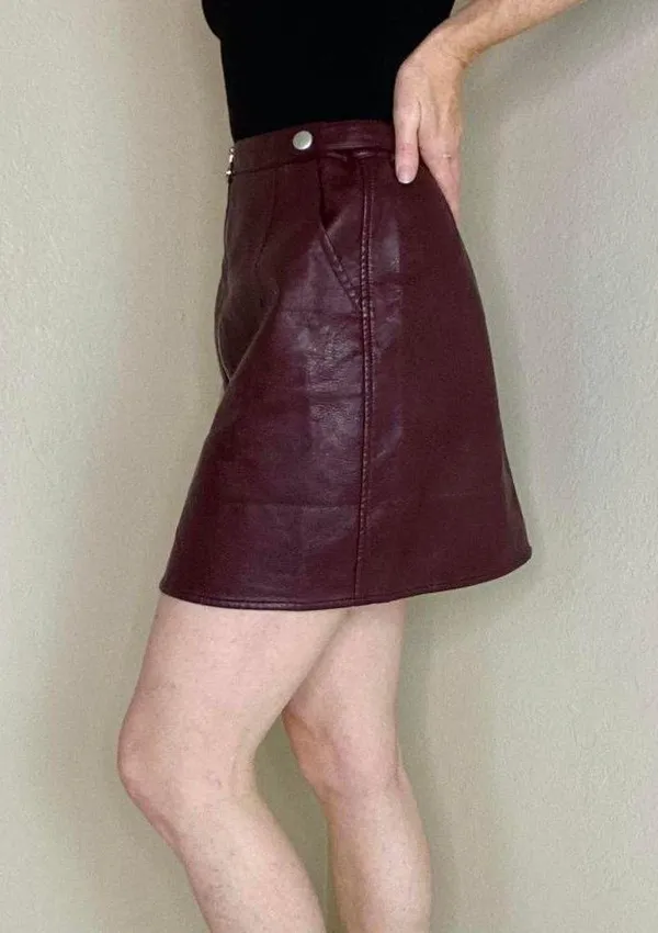 Tagoo All For Leather Burgundy Faux Leather Pleather Mini Skirt - Image 6