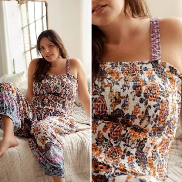 ANTHROPOLOGIE Verona Smocked Pajama Lounge Top Paisley Floral Crop Modal Size XL - Image 11