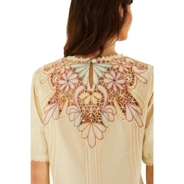 FARM RIO Beige Flower Embroidery Short Sleeve Blouse Size Large MSRP $248 SOO - Image 4